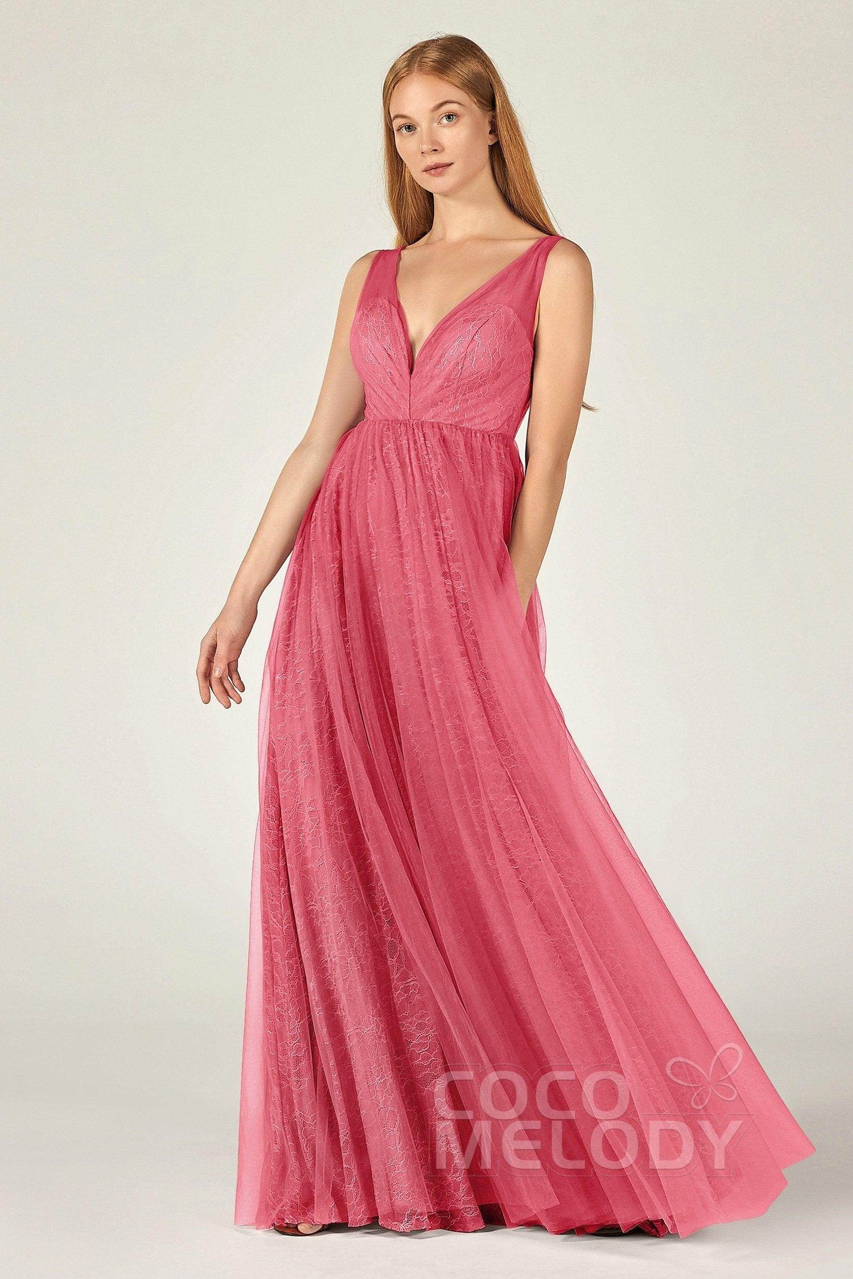 A-Line Floor Length Tulle Lace Bridesmaid Dress CB0375 - COCOMELODY